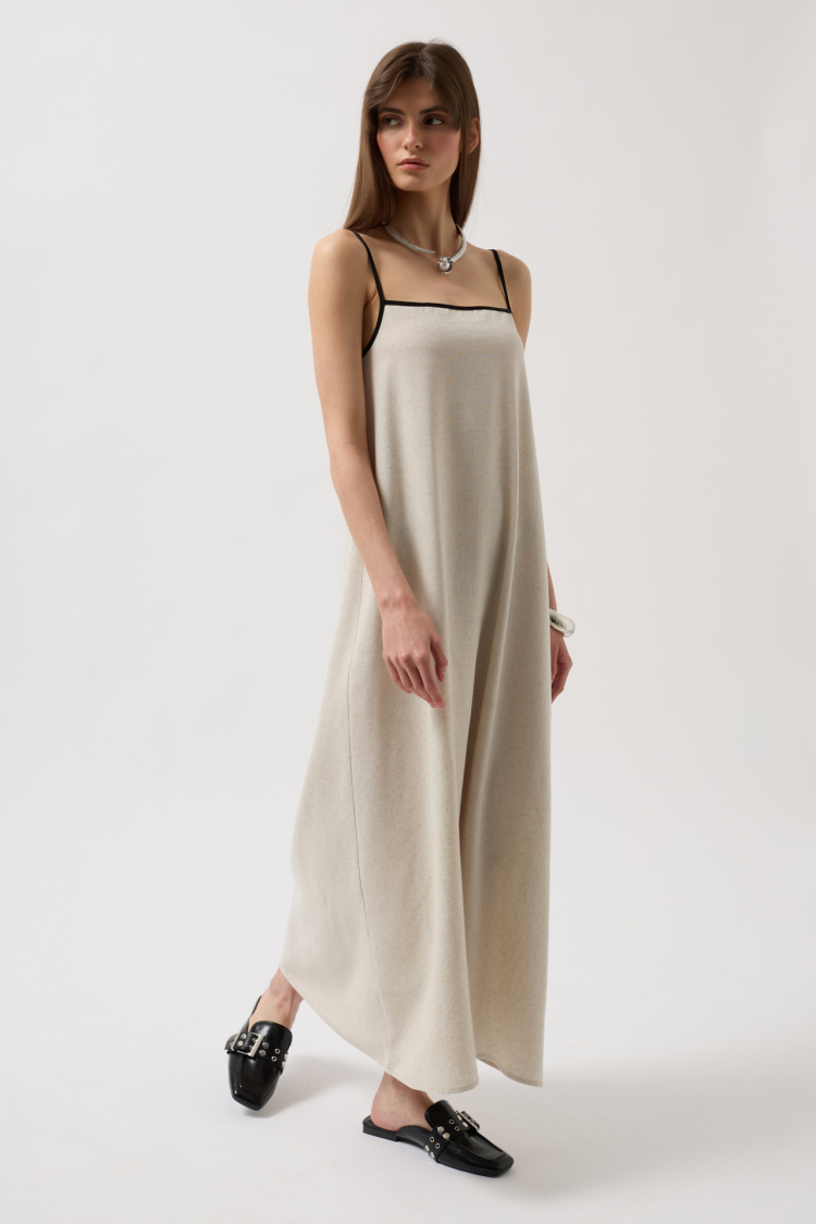 Stripe Detail Linen Maxi Dress - Black Fashion - Globality Store - Women Clothes Wholesale Turkey