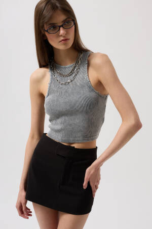 Washed Halter Collar Crop Blouse - Gray - Black Fashion - Globality Store - Women Clothes Wholesale Turkey