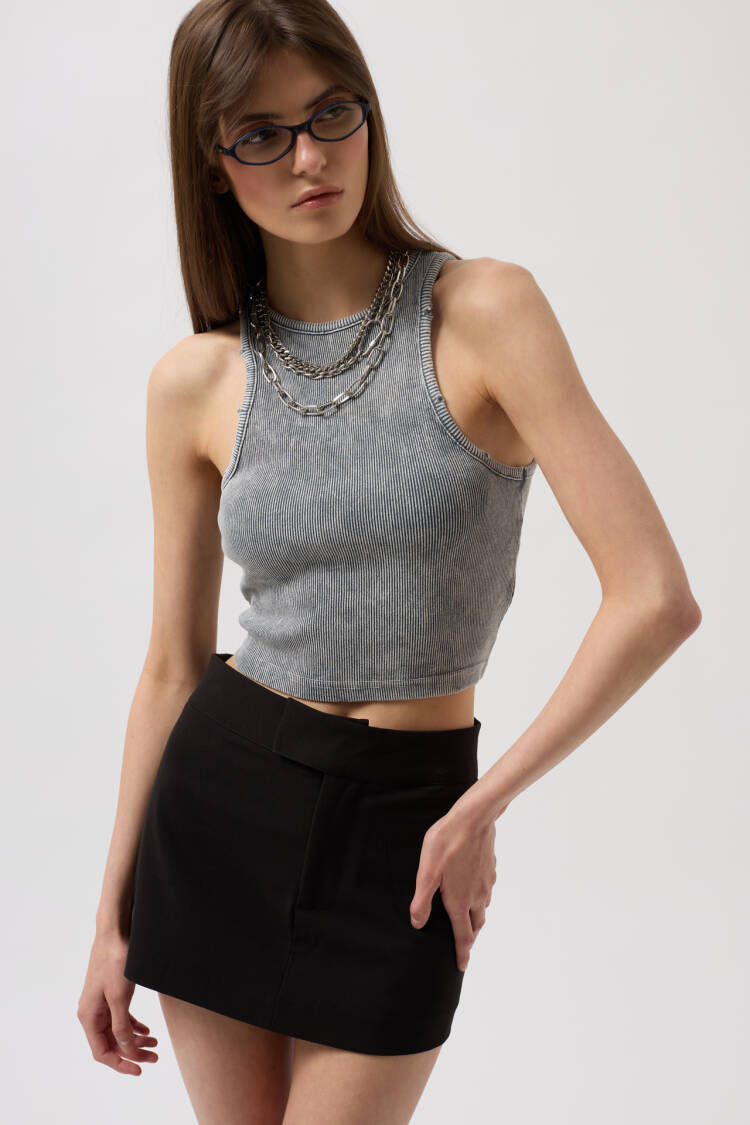 Washed Halter Collar Crop Blouse - Gray - Black Fashion - Globality Store - Women Clothes Wholesale Turkey