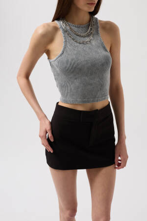 Washed Halter Collar Crop Blouse - Gray - Black Fashion - Globality Store - Women Clothes Wholesale Turkey