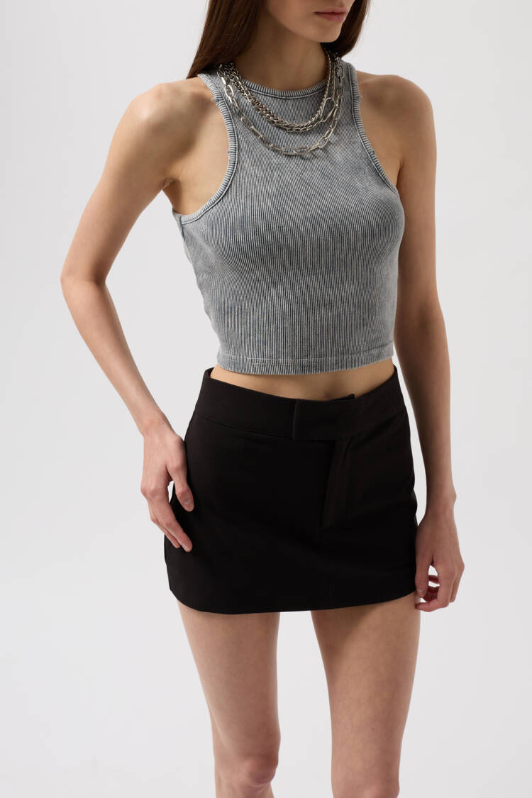 Washed Halter Collar Crop Blouse - Gray