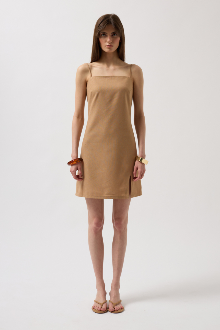 Slit Detail Linen Mini Dress With Rope Strap