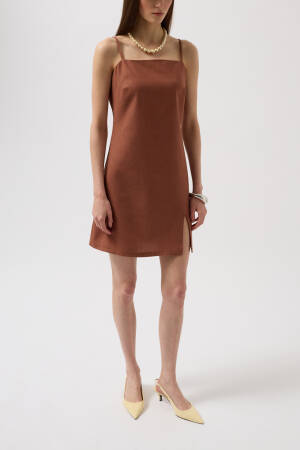 Slit Detail Linen Mini Dress With Rope Strap - Black Fashion - Globality Store - Women Clothes Wholesale Turkey