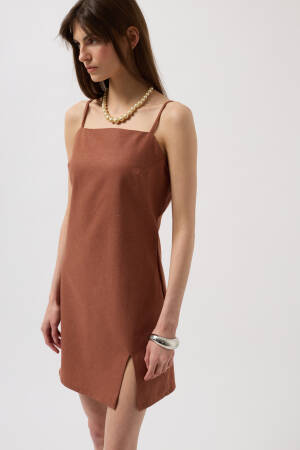 Slit Detail Linen Mini Dress With Rope Strap - Black Fashion - Globality Store - Women Clothes Wholesale Turkey