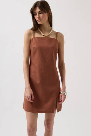 Slit Detail Linen Mini Dress With Rope Strap - Black Fashion - Globality Store - Women Clothes Wholesale Turkey