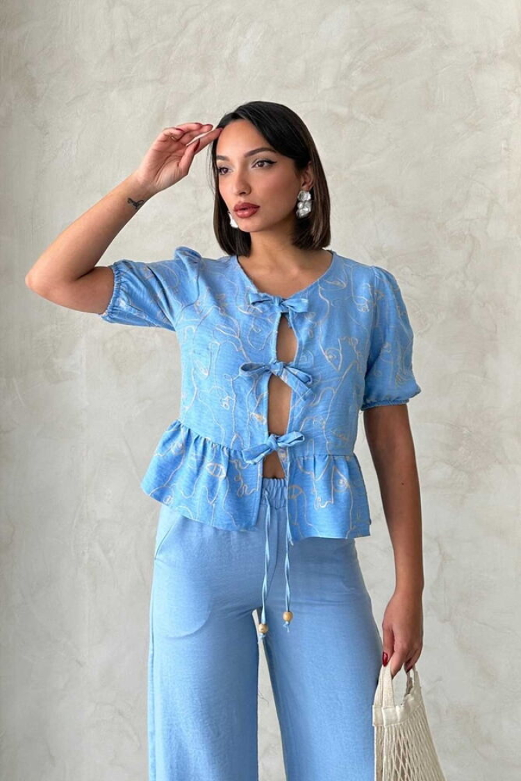 Front Tie Embroidered Blouse - Light - Topshow - Globality Store - Women Clothes Wholesale Turkey