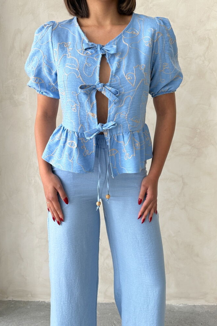 Front Tie Embroidered Blouse - Light