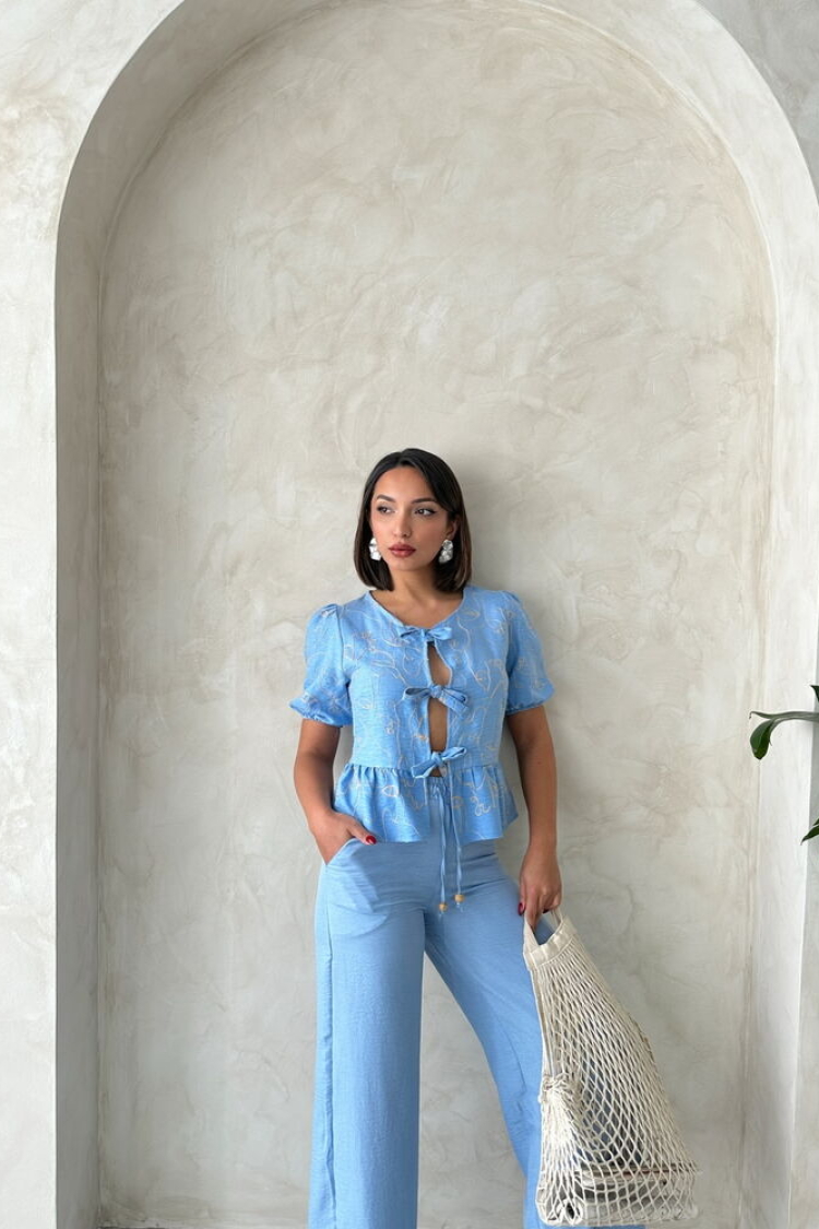 Front Tie Embroidered Blouse - Light
