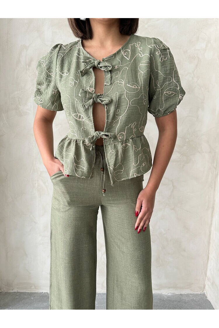 Front Tie Embroidered Blouse - Light