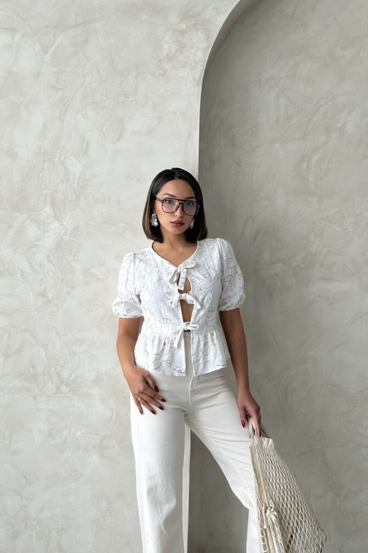 Front Tie Embroidered Blouse
