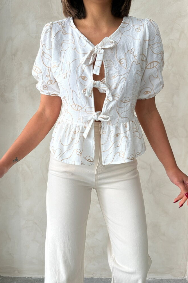 Front Tie Embroidered Blouse