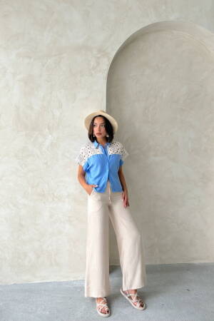Raw Blouse With Chest - Blue - Topshow - Globality Store - Women Clothes Wholesale Turkey