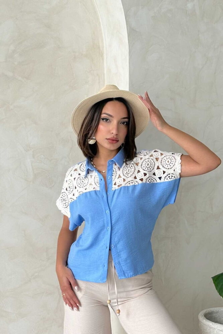 Raw Blouse With Chest - Blue - Topshow - Globality Store - Women Clothes Wholesale Turkey