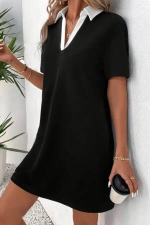 Women's Short Collar Block Color Imported Crepe Dress - Black - Janes - Globality Store - Women Clothes Wholesale Turkey