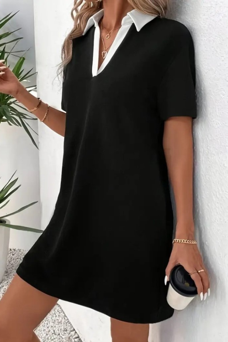 Women's Short Collar Block Color Imported Crepe Dress - Black - Janes - Globality Store - Women Clothes Wholesale Turkey