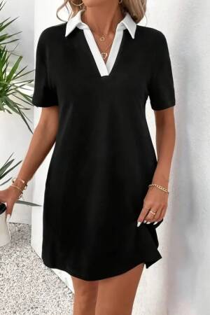 Women's Short Collar Block Color Imported Crepe Dress - Black - Janes - Globality Store - Women Clothes Wholesale Turkey