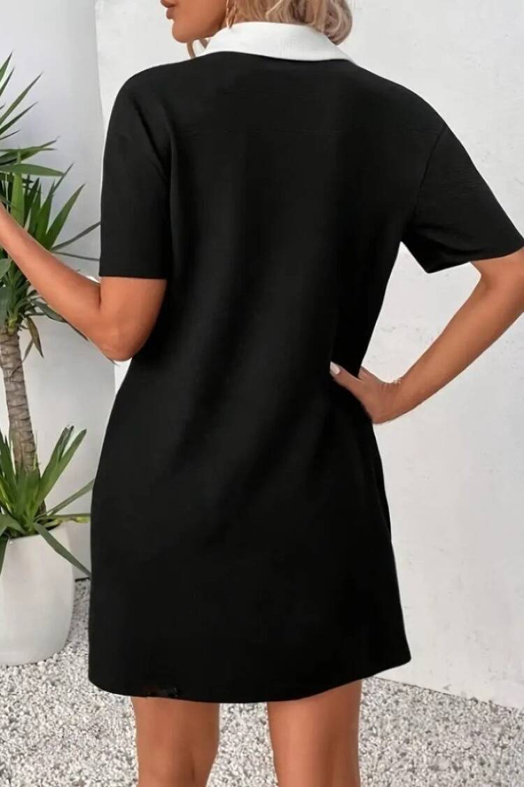 Women's Short Collar Block Color Imported Crepe Dress - Black