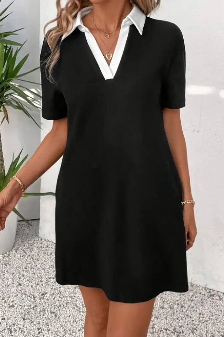 Women's Short Collar Block Color Imported Crepe Dress - Black