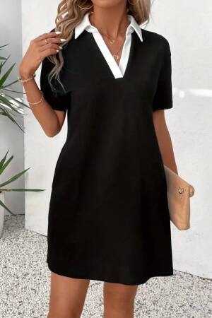 Women's Short Collar Block Color Imported Crepe Dress - Black - Janes - Globality Store - Women Clothes Wholesale Turkey
