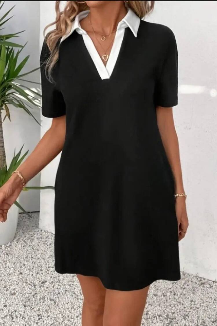 Women's Short Collar Block Color Imported Crepe Dress - Black
