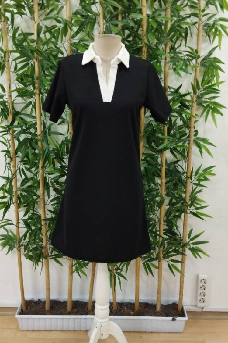 Women's Short Collar Block Color Imported Crepe Dress - Black