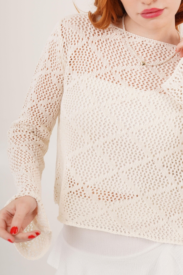 Boat Neck Ruffle Sleeve Detailed Openwork WholesaleBlouse