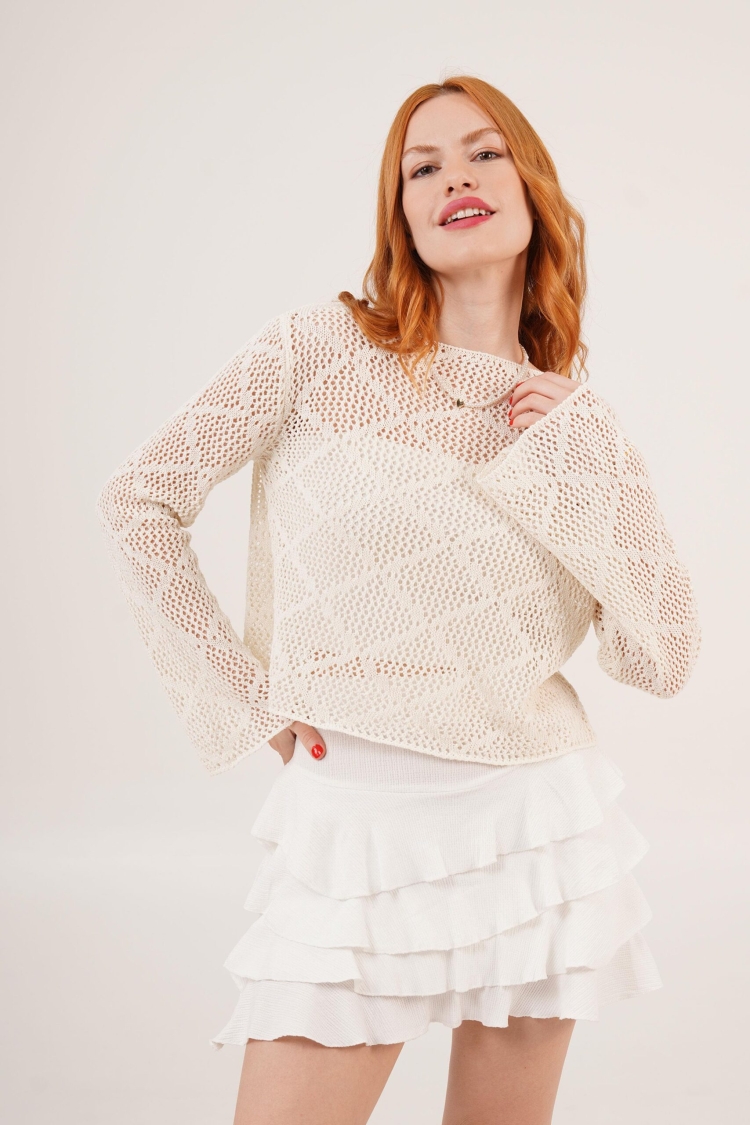 Boat Neck Ruffle Sleeve Detailed Openwork WholesaleBlouse - Lustrin - Globality Store - Women Clothes Wholesale Turkey