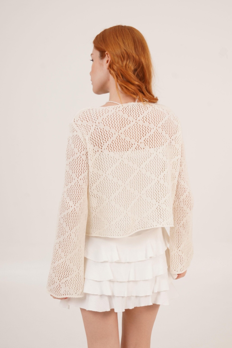 Boat Neck Ruffle Sleeve Detailed Openwork WholesaleBlouse