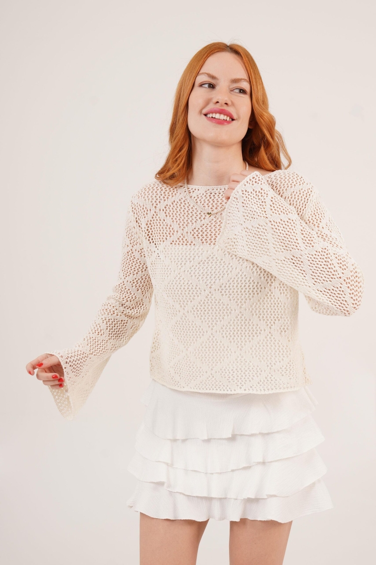 Boat Neck Ruffle Sleeve Detailed Openwork WholesaleBlouse