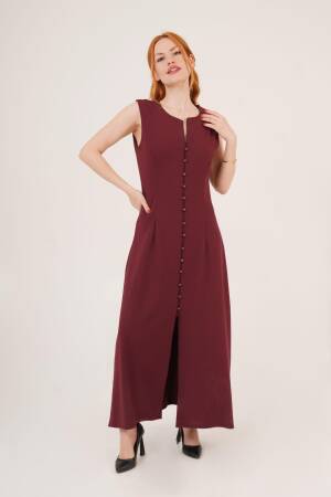 Wholesale Burgundy Dress With Sphere Sleeve Buttoned Maxi Size - Lustrin - Globality Store - Women Clothes Wholesale Turkey