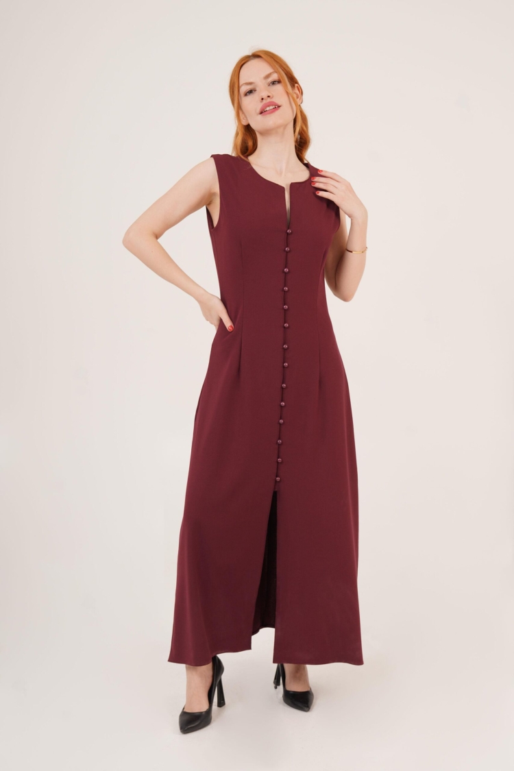 Wholesale Burgundy Dress With Sphere Sleeve Buttoned Maxi Size