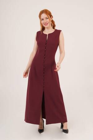Wholesale Burgundy Dress With Sphere Sleeve Buttoned Maxi Size - Lustrin - Globality Store - Women Clothes Wholesale Turkey