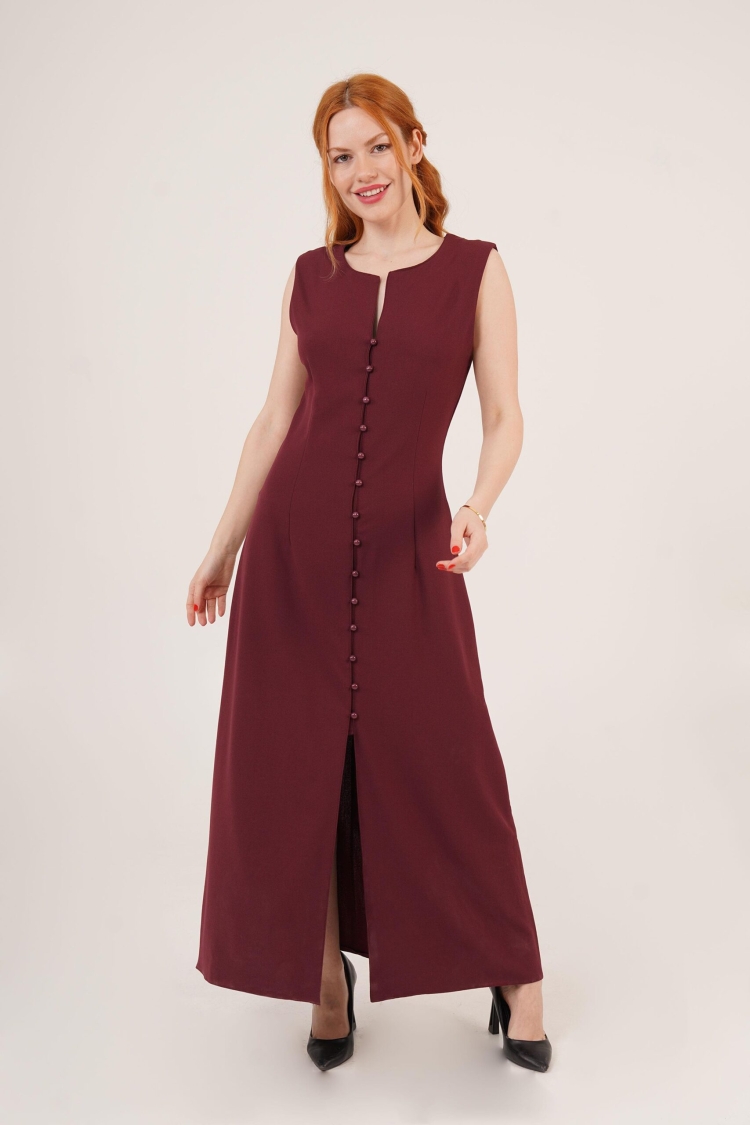 Wholesale Burgundy Dress With Sphere Sleeve Buttoned Maxi Size - Lustrin - Globality Store - Women Clothes Wholesale Turkey