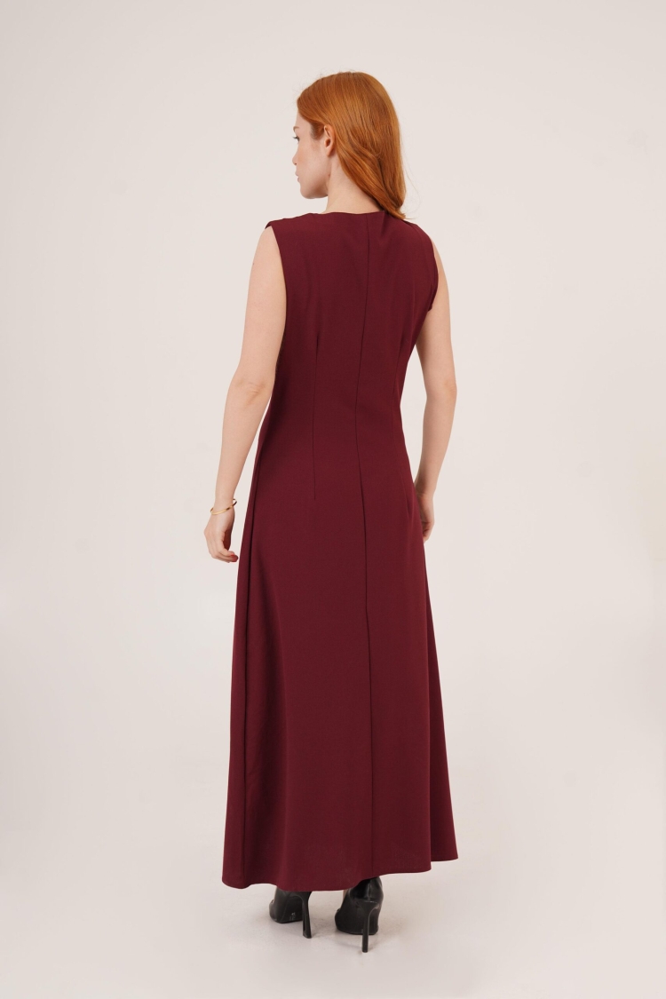 Wholesale Burgundy Dress With Sphere Sleeve Buttoned Maxi Size