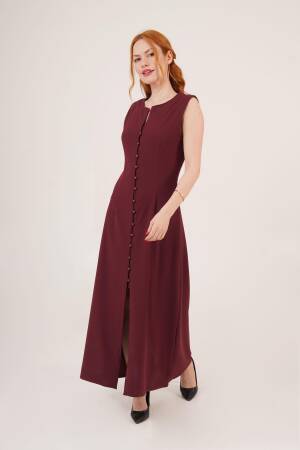 Wholesale Burgundy Dress With Sphere Sleeve Buttoned Maxi Size - Lustrin - Globality Store - Women Clothes Wholesale Turkey