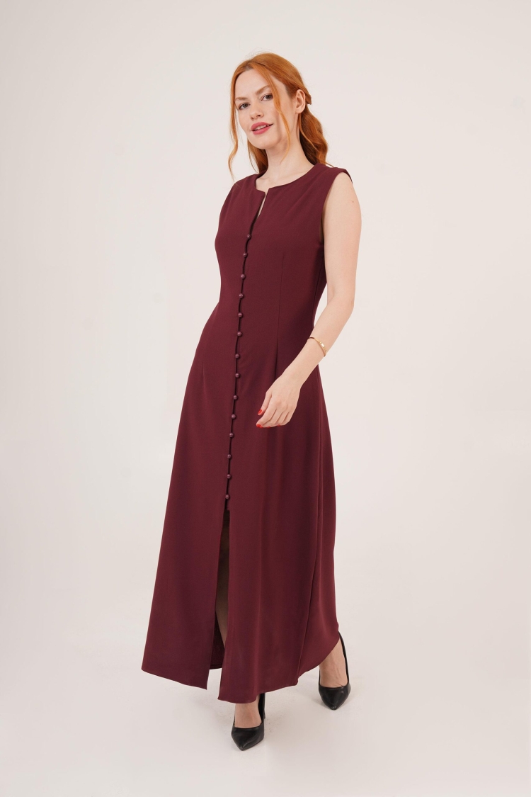 Wholesale Burgundy Dress With Sphere Sleeve Buttoned Maxi Size