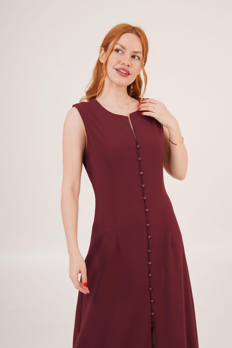 Wholesale Burgundy Dress With Sphere Sleeve Buttoned Maxi Size