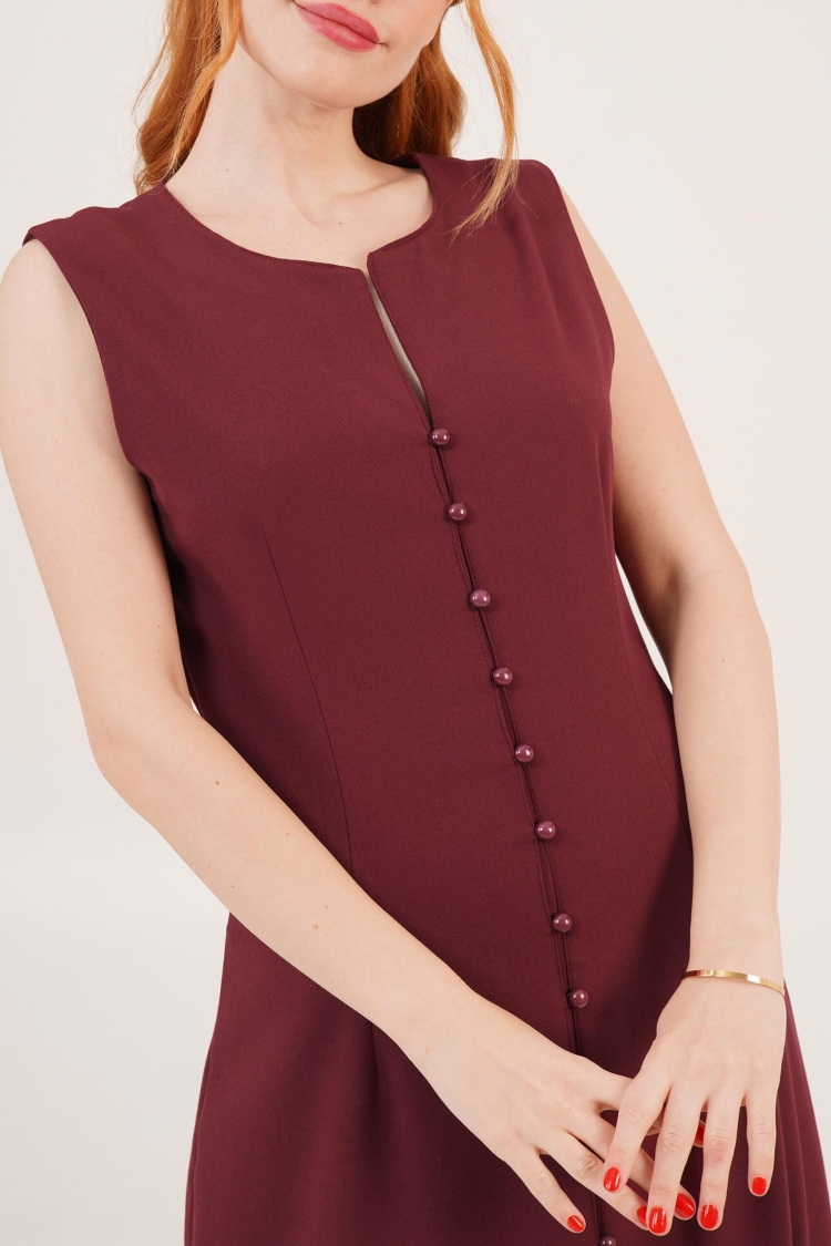 Wholesale Burgundy Dress With Sphere Sleeve Buttoned Maxi Size