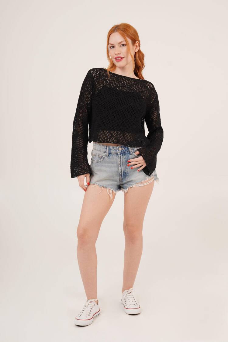 Boat Neck Ruffle Sleeve Detailed Openwork WholesaleBlouse