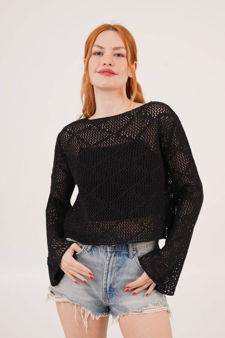 Boat Neck Ruffle Sleeve Detailed Openwork WholesaleBlouse
