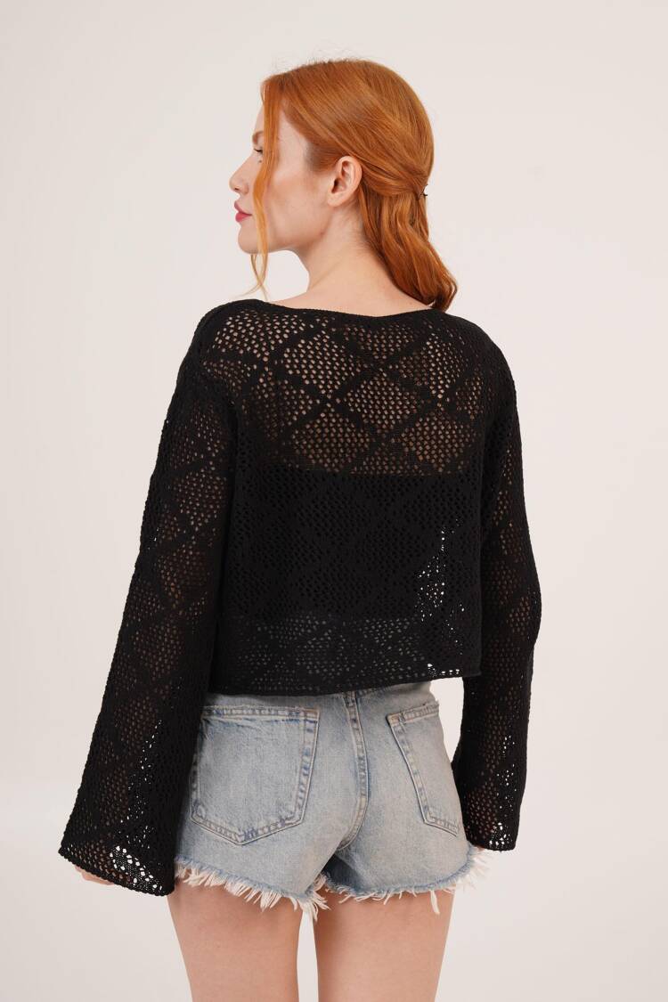 Boat Neck Ruffle Sleeve Detailed Openwork WholesaleBlouse