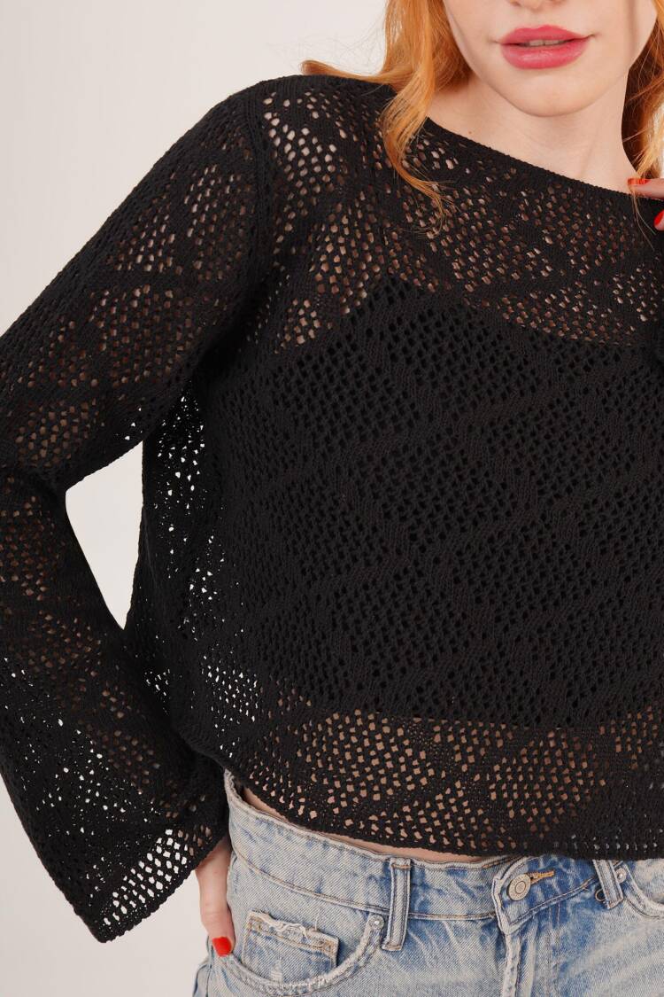 Boat Neck Ruffle Sleeve Detailed Openwork WholesaleBlouse