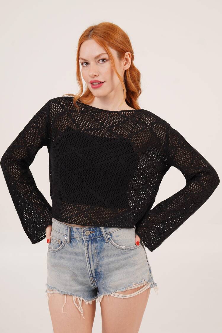 Boat Neck Ruffle Sleeve Detailed Openwork WholesaleBlouse - Lustrin - Globality Store - Women Clothes Wholesale Turkey
