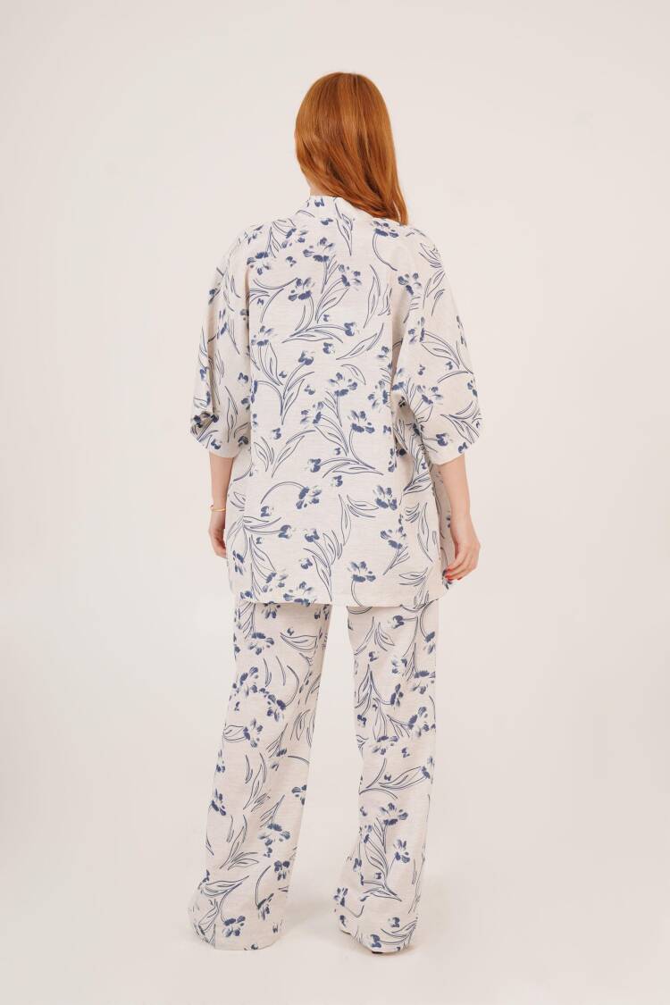 Wholesale Ecru Double Suit With Blue Floral Pattern