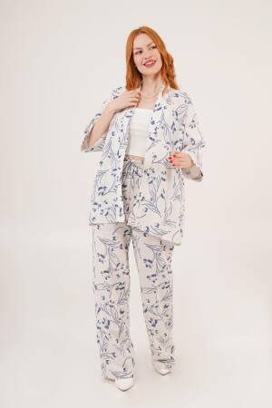 Wholesale Ecru Double Suit With Blue Floral Pattern - Lustrin - Globality Store - Women Clothes Wholesale Turkey