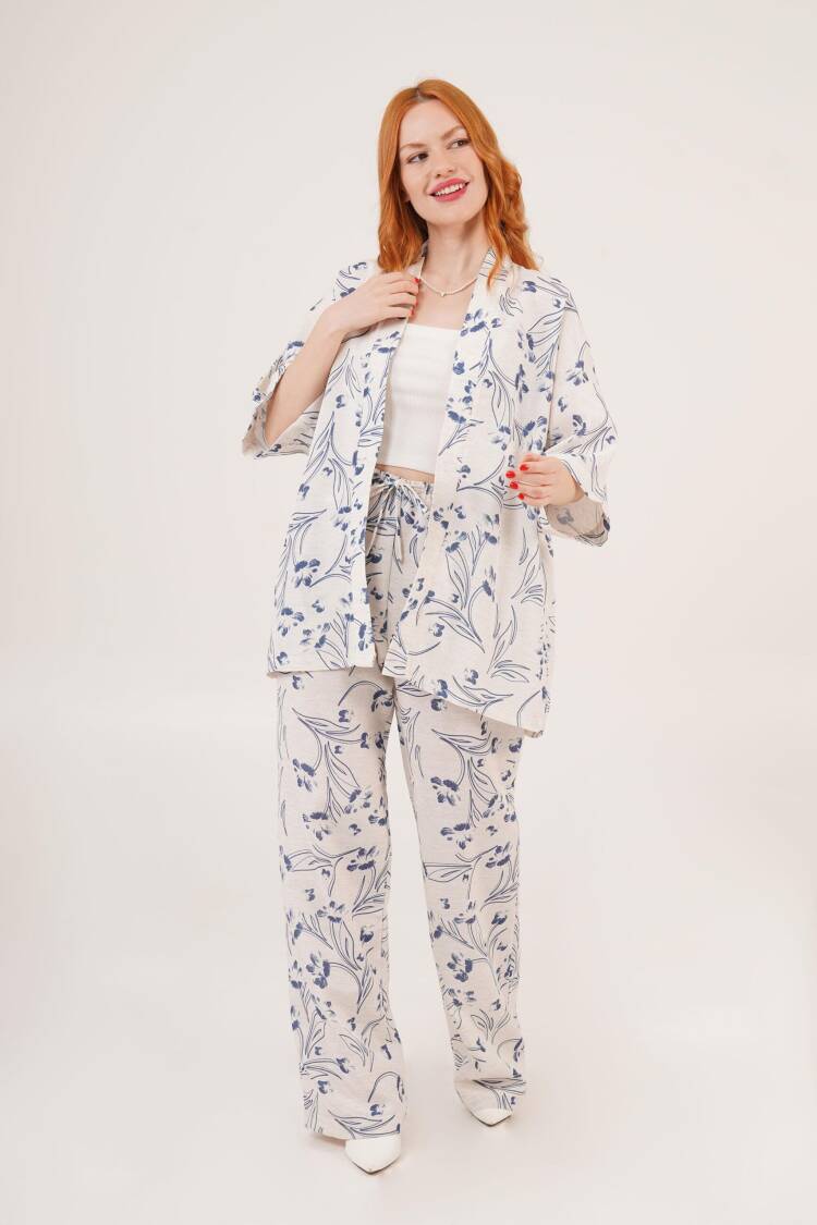 Wholesale Ecru Double Suit With Blue Floral Pattern - Lustrin - Globality Store - Women Clothes Wholesale Turkey