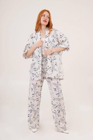 Wholesale Ecru Double Suit With Blue Floral Pattern - Lustrin - Globality Store - Women Clothes Wholesale Turkey