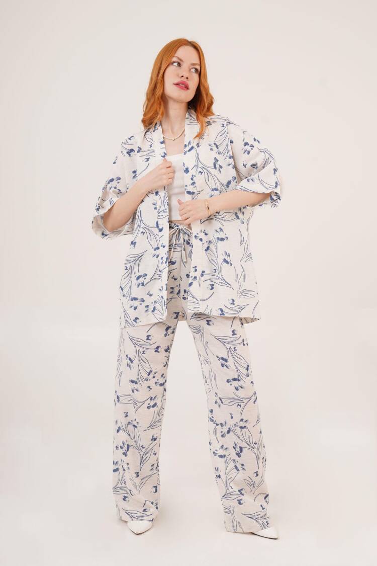 Wholesale Ecru Double Suit With Blue Floral Pattern