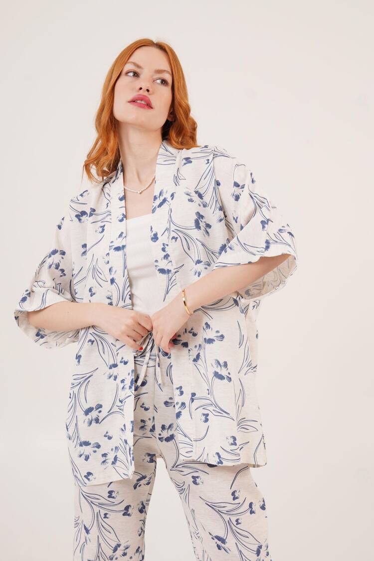 Wholesale Ecru Double Suit With Blue Floral Pattern