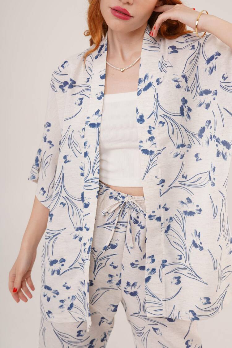 Wholesale Ecru Double Suit With Blue Floral Pattern